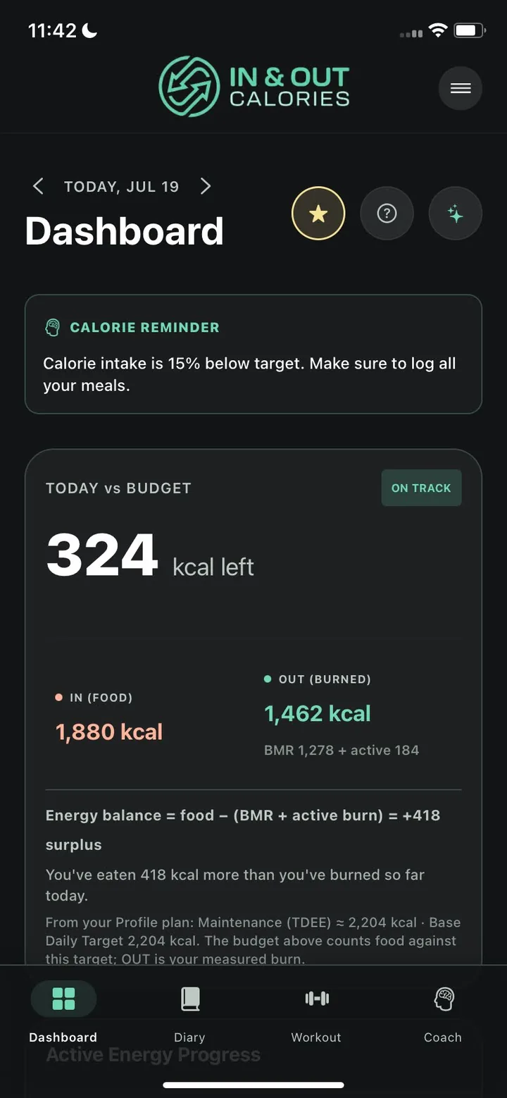 In & Out Calories dashboard showing today's calorie budget, calories in versus burned, and kcal remaining